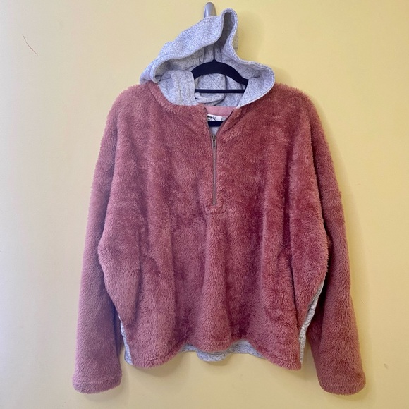 Umgee Sweatshirt Size Large Pink Fleece Grey Hooded Sherpa - Picture 1 of 9